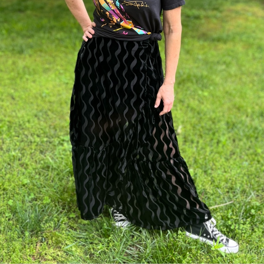 Handmade Sheer Tiered Black Velvet Burnout Skirt - Picture 2 of 5